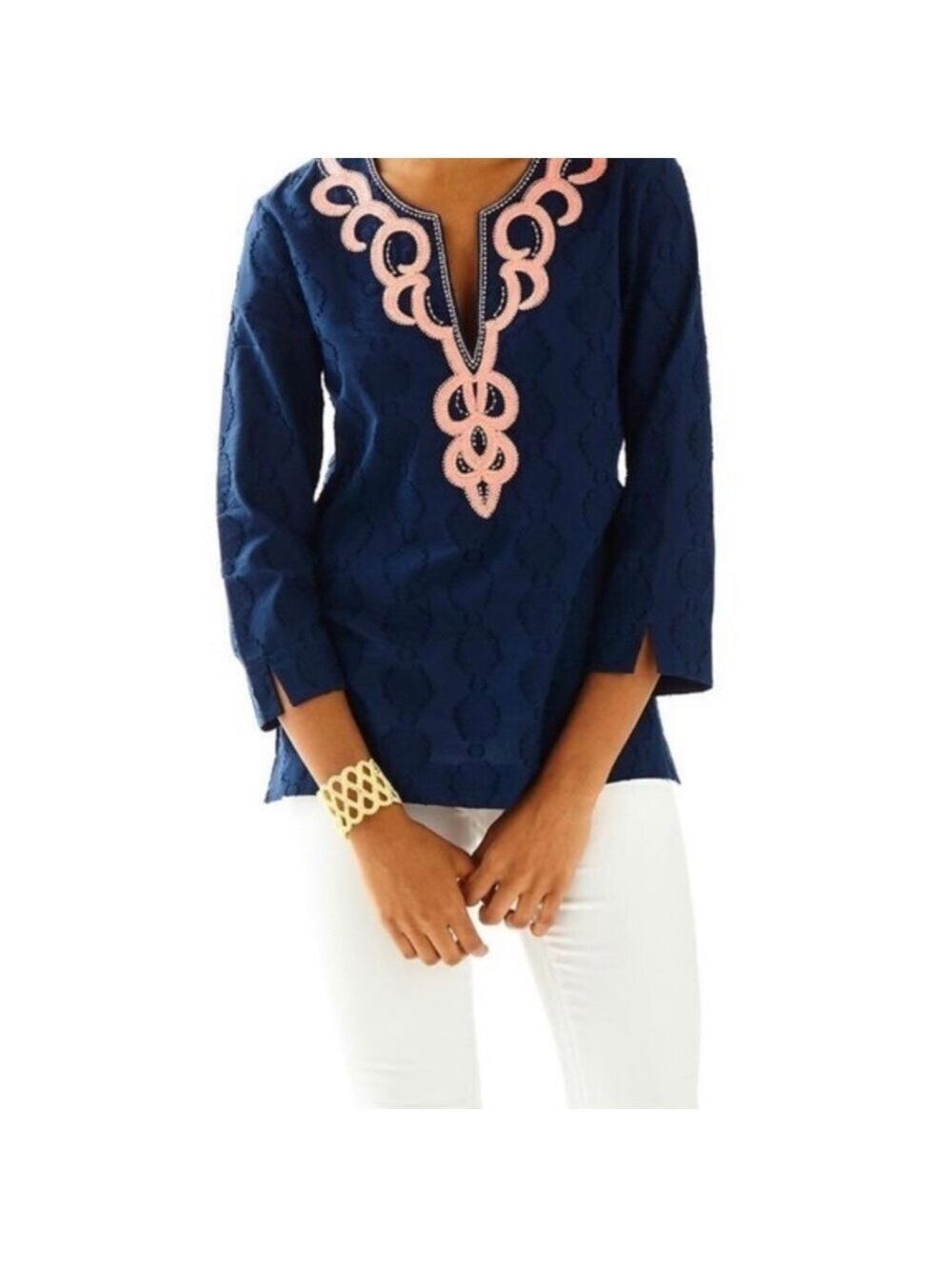 Lilly Pulitzer Amelia Island V Neck Tunic Top Navy Blue Beaded Coral Pink Med - Picture 7 of 10